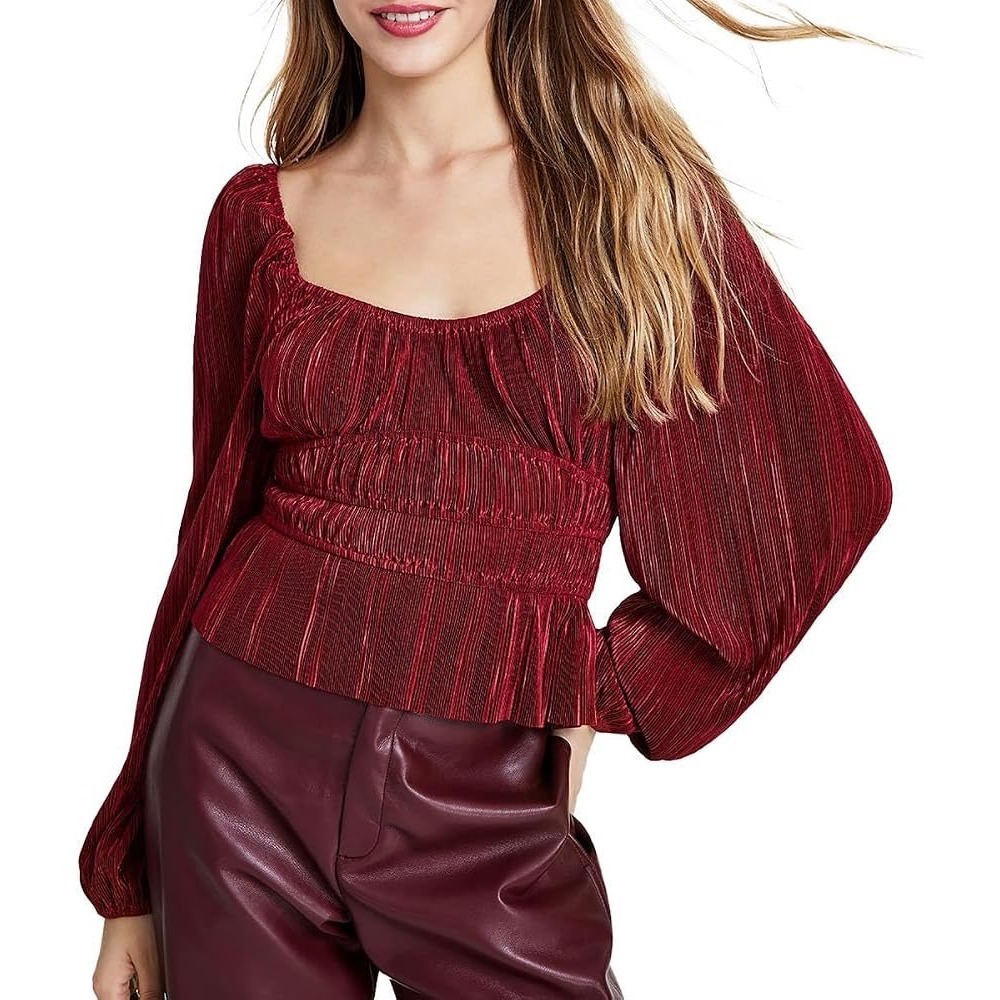 ASTR The Label Blouse Women M Wine Plisse Smocked Romantic Holiday